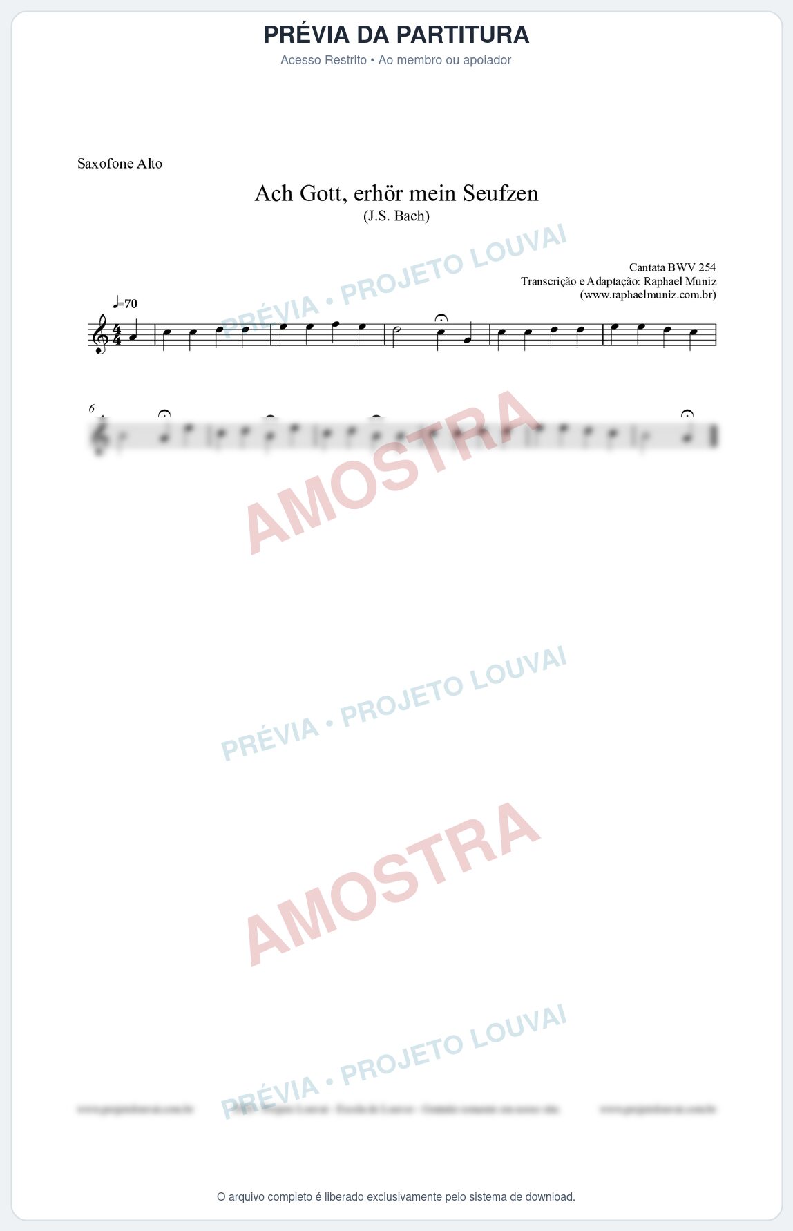 Prévia protegida da primeira página da partitura Partitura para Saxofone Alto - Ach Gott, erhör mein Seufzen (BWV 254) (Tom Cm) - Johann Sebastian Bach