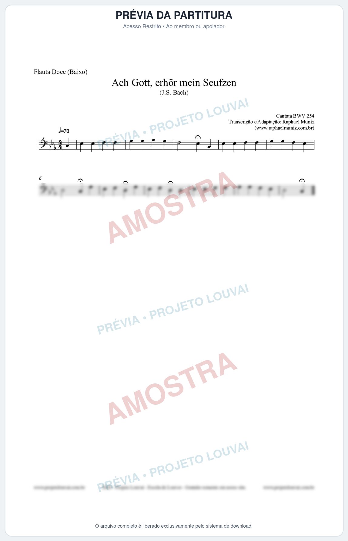 Prévia protegida da primeira página da partitura Partitura para Flauta Doce (Baixo) - Ach Gott, erhör mein Seufzen (BWV 254) (Tom Cm) - Johann Sebastian Bach