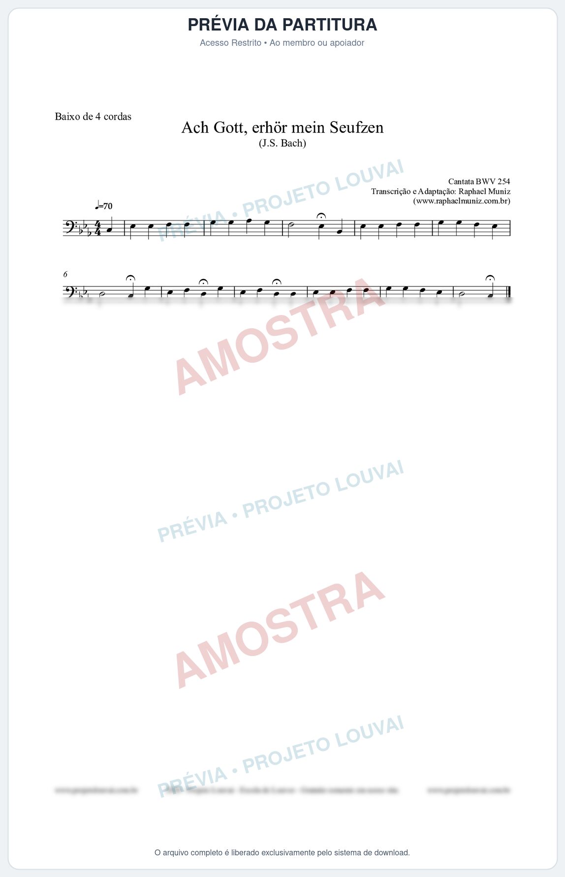Prévia protegida da primeira página da partitura Partitura para Baixo de 4 cordas - Ach Gott, erhör mein Seufzen (BWV 254) (Tom Cm) - Johann Sebastian Bach