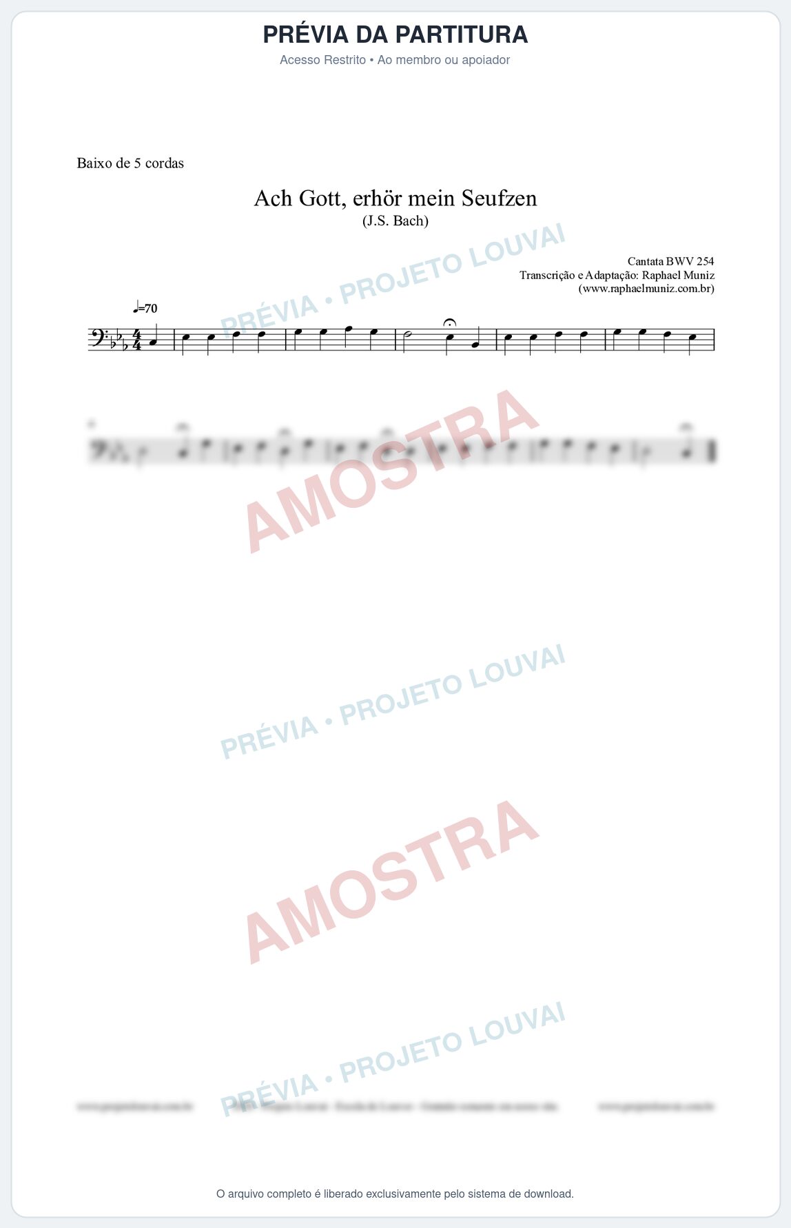 Prévia protegida da primeira página da partitura Partitura para Baixo de 5 cordas - Ach Gott, erhör mein Seufzen (BWV 254) (Tom Cm) - Johann Sebastian Bach