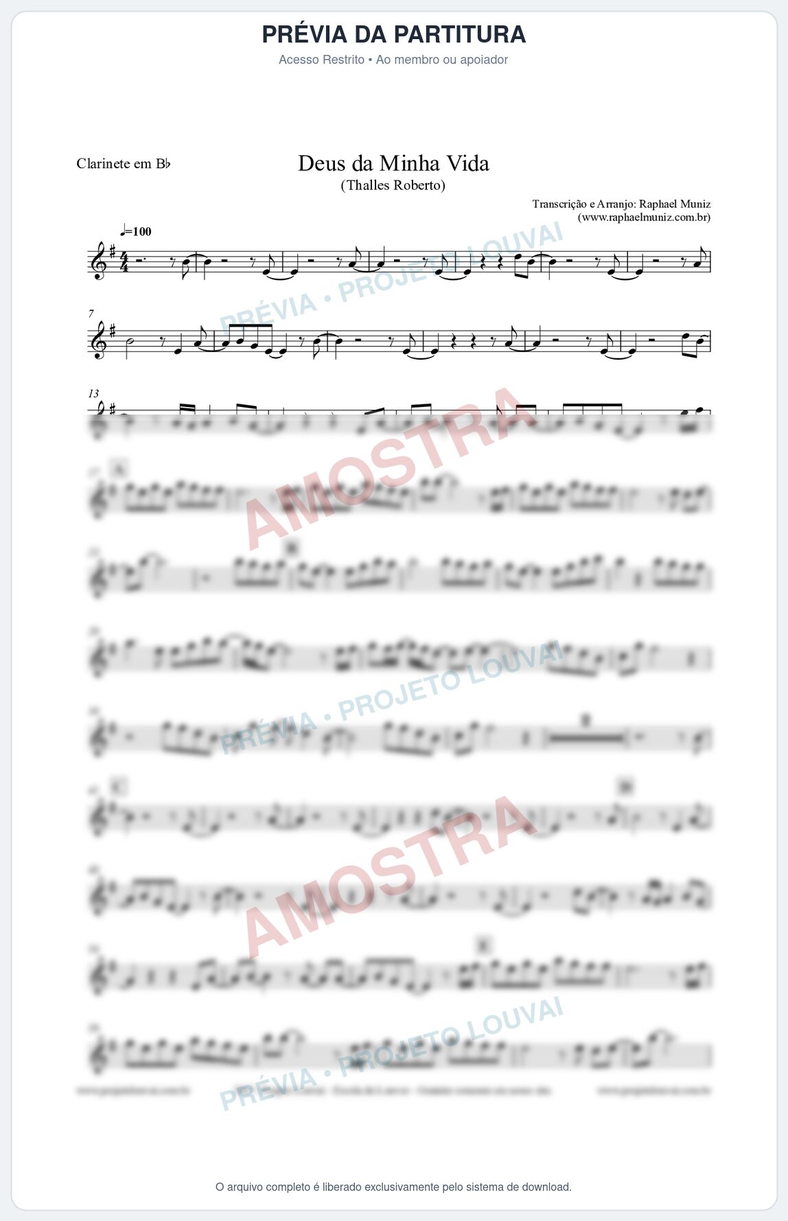 Prévia protegida da primeira página da partitura Partitura para Clarinete - Deus da minha vida - Thalles Roberto