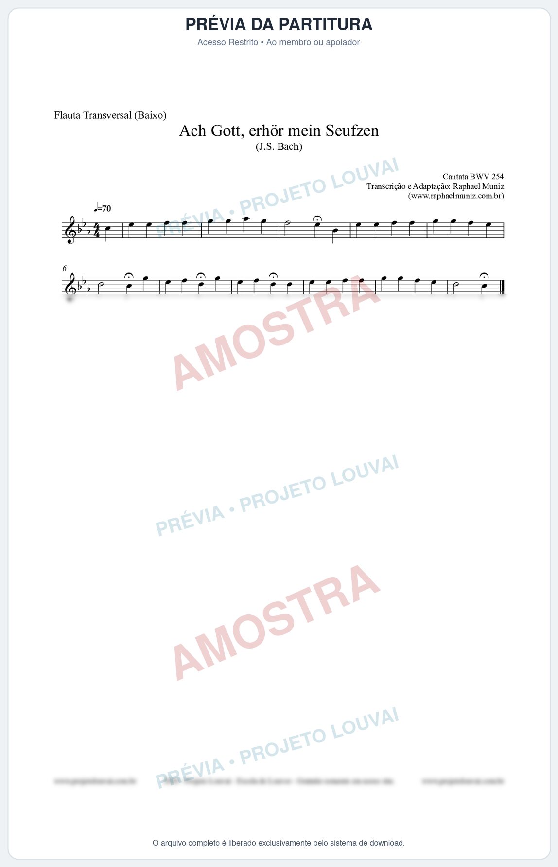 Prévia protegida da primeira página da partitura Partitura para Flauta Transversal (Baixo) - Ach Gott, erhör mein Seufzen (BWV 254) (Tom Cm) - Johann Sebastian Bach