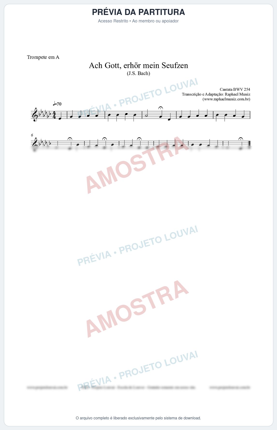 Prévia protegida da primeira página da partitura Partitura para Trompete em A - Ach Gott, erhör mein Seufzen (BWV 254) (Tom Cm) - Johann Sebastian Bach