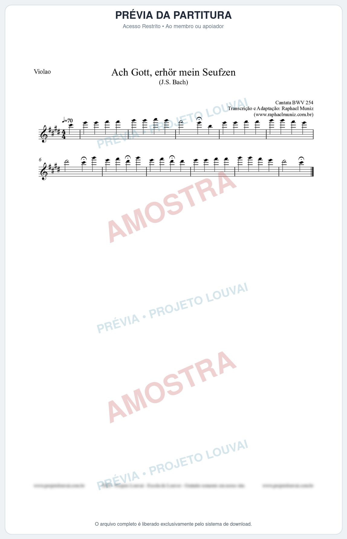 Prévia protegida da primeira página da partitura Partitura para Violão - Ach Gott, erhör mein Seufzen (BWV 254) (Tom C#m) - Johann Sebastian Bach