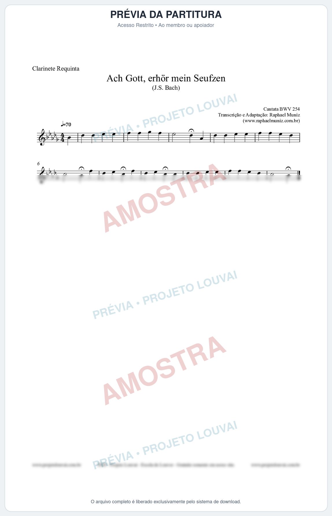 Prévia protegida da primeira página da partitura Partitura para Clarinete Requinta - Ach Gott, erhör mein Seufzen (BWV 254) (Tom C#m) - Johann Sebastian Bach