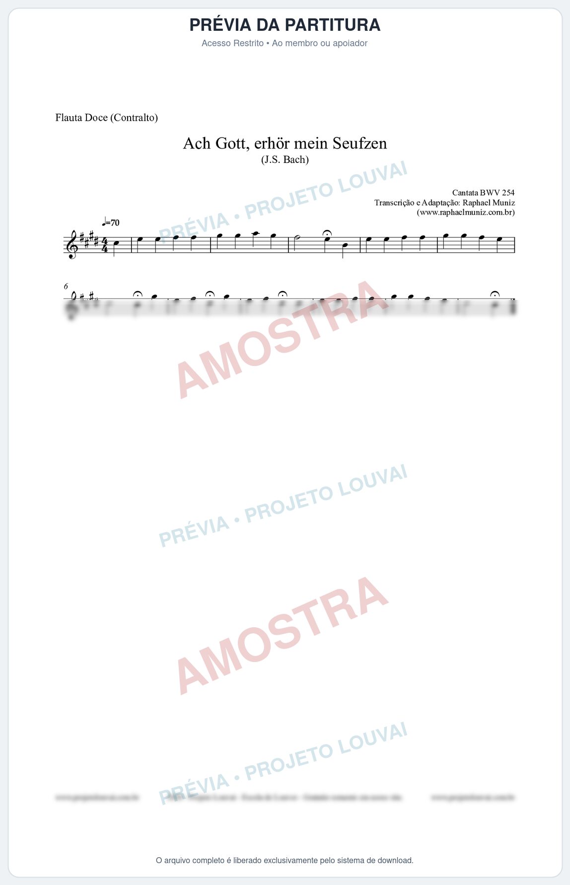 Prévia protegida da primeira página da partitura Partitura para Flauta Doce (Contralto) - Ach Gott, erhör mein Seufzen (BWV 254) (Tom C#m) - Johann Sebastian Bach