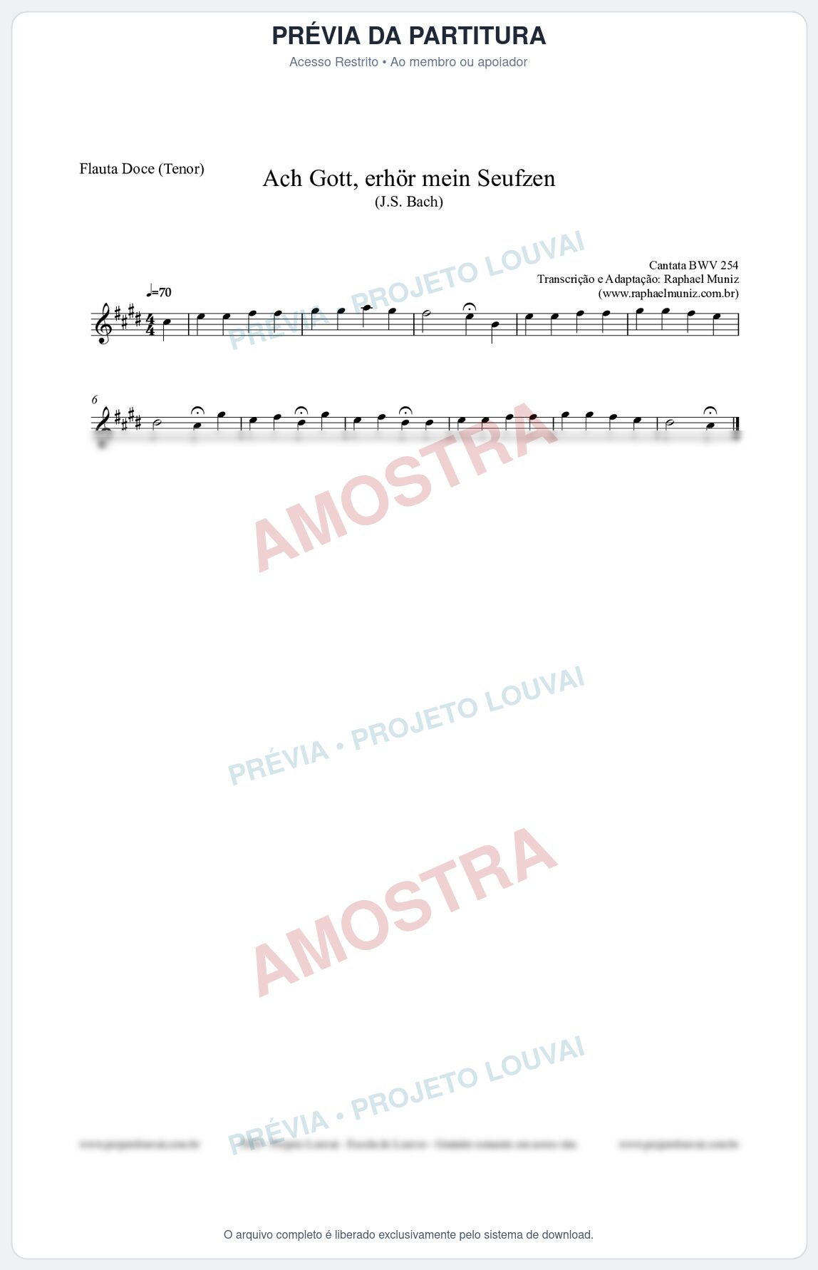 Prévia protegida da primeira página da partitura Partitura para Flauta Doce (Tenor) - Ach Gott, erhör mein Seufzen (BWV 254) (Tom C#m) - Johann Sebastian Bach