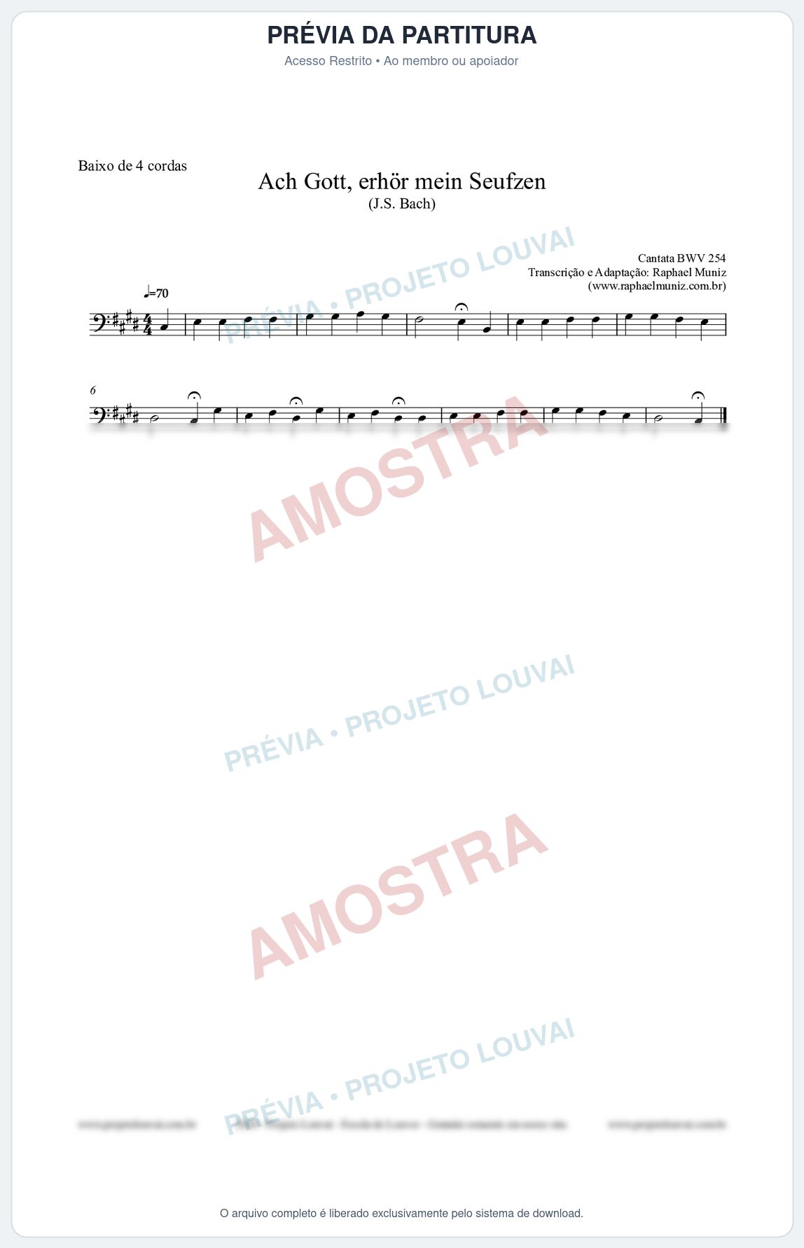 Prévia protegida da primeira página da partitura Partitura para Baixo de 4 cordas - Ach Gott, erhör mein Seufzen (BWV 254) (Tom C#m) - Johann Sebastian Bach