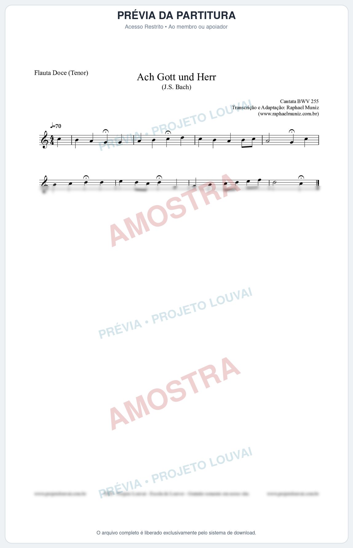 Prévia protegida da primeira página da partitura Partitura para Flauta Doce (Tenor) - Ach Gott und Herr (BWV 255) (Tom C) - Johann Sebastian Bach