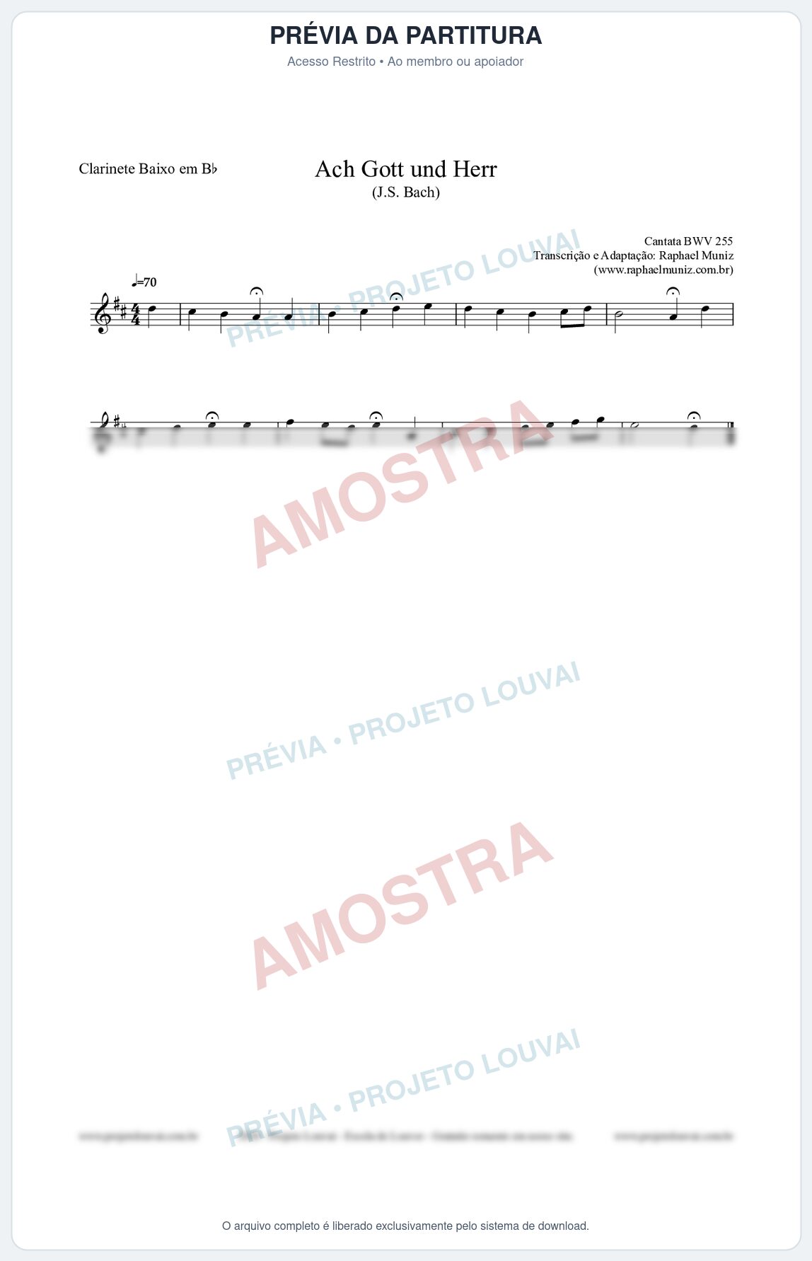Prévia protegida da primeira página da partitura Partitura para Clarinete Baixo em Bb - Ach Gott und Herr (BWV 255) (Tom C) - Johann Sebastian Bach