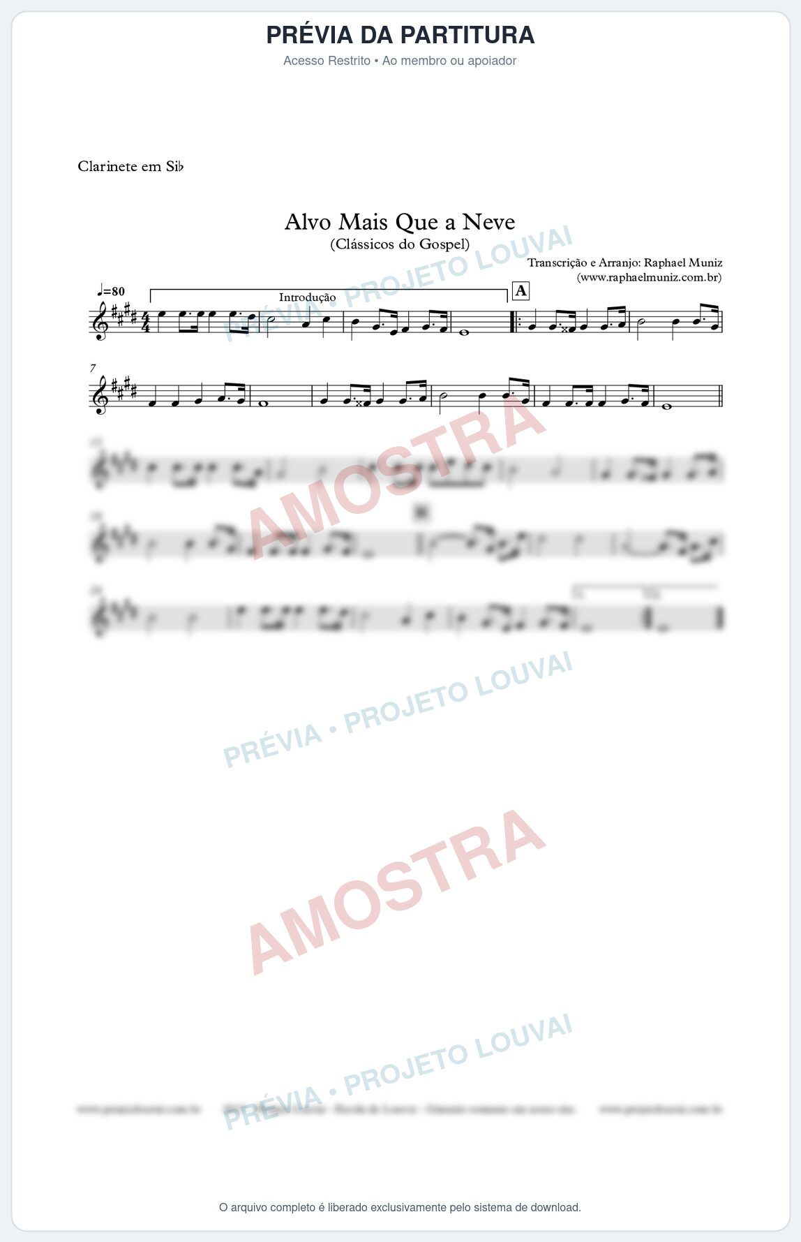 Prévia protegida da primeira página da partitura Partitura para Clarinete - Alvo Mais que a Neve - Clássicos do Gospel