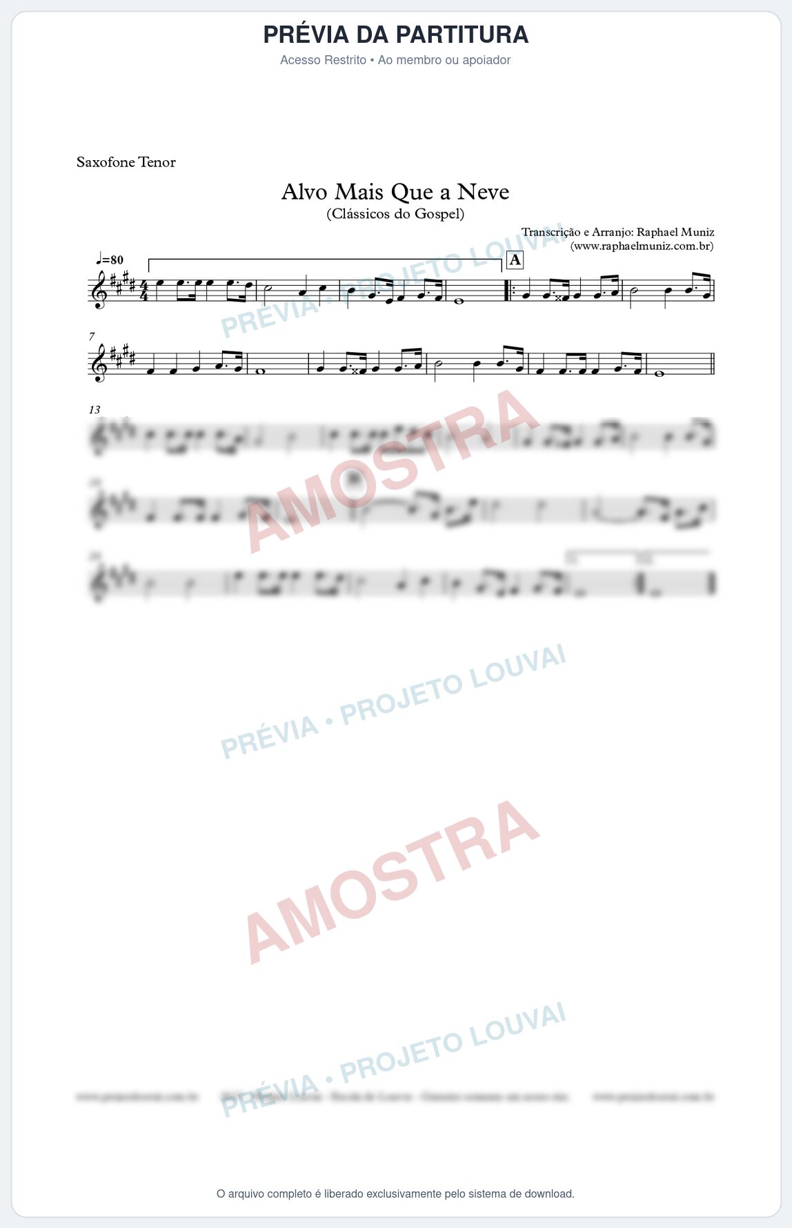 Prévia protegida da primeira página da partitura Partitura para Sax Tenor - Alvo Mais que a Neve - Clássicos do Gospel
