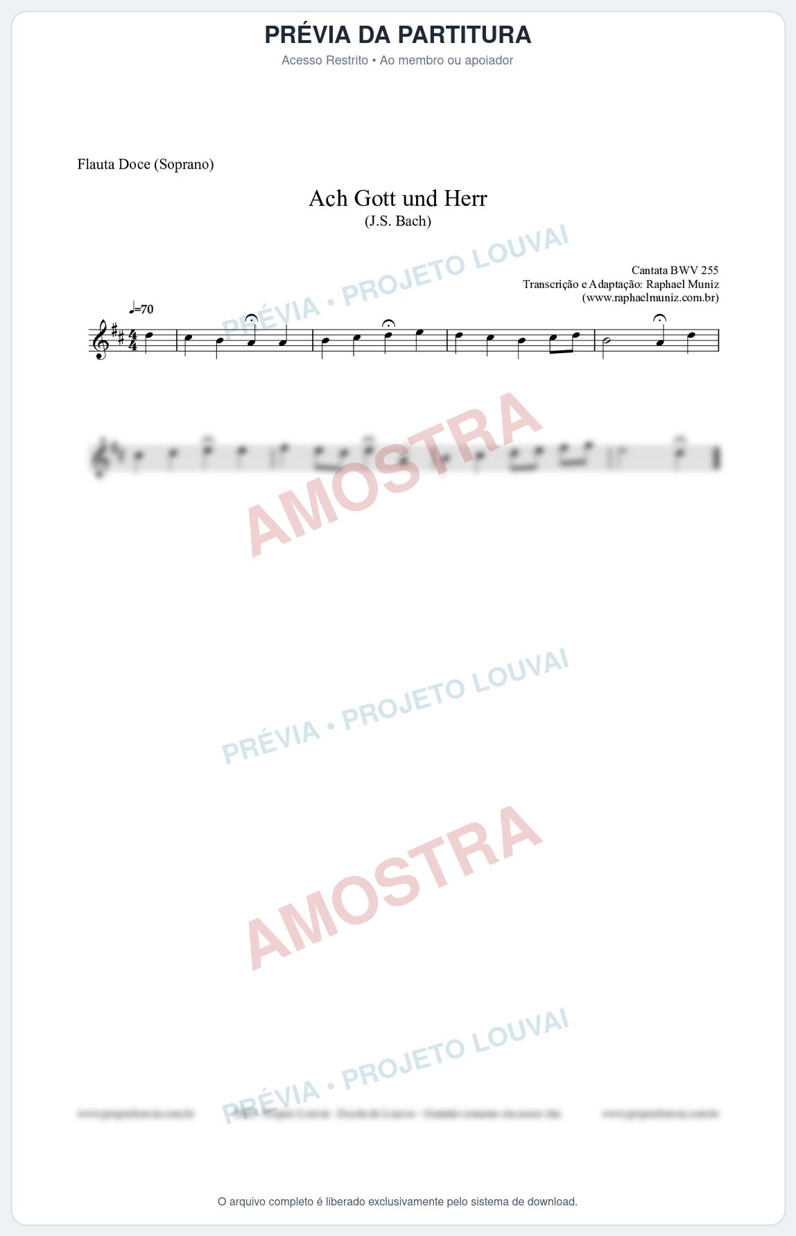 Prévia protegida da primeira página da partitura Partitura para Flauta Doce (Soprano) - Ach Gott und Herr (BWV 255) (Tom D) - Johann Sebastian Bach