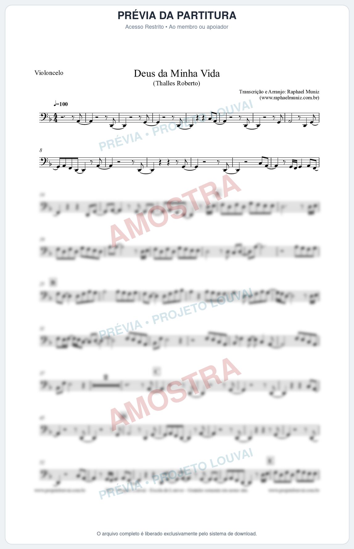 Prévia protegida da primeira página da partitura Partitura para Violoncelo - Deus da minha vida - Thalles Roberto