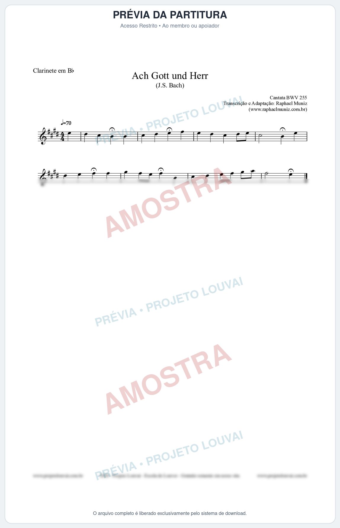 Prévia protegida da primeira página da partitura Partitura para Clarinete em Bb - Ach Gott und Herr (BWV 255) (Tom D) - Johann Sebastian Bach