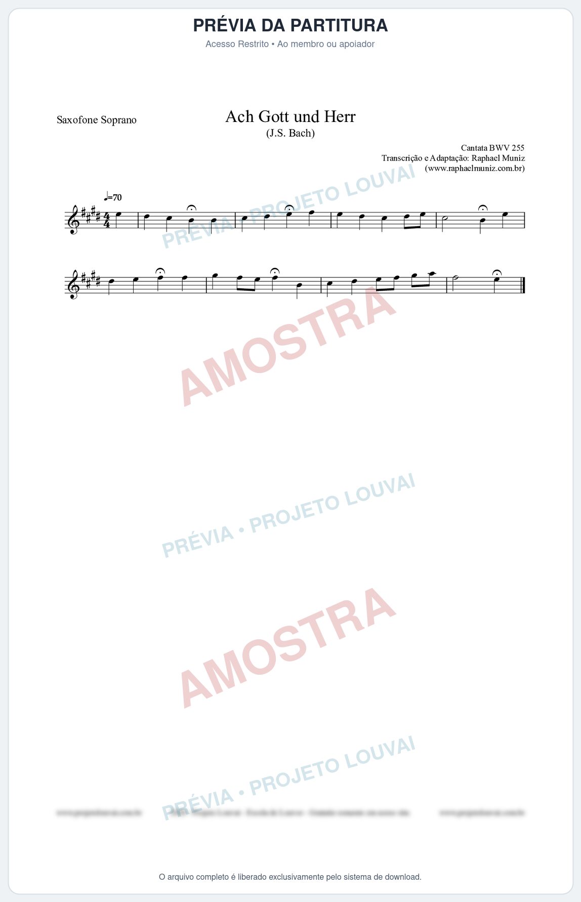 Prévia protegida da primeira página da partitura Partitura para Saxofone Soprano - Ach Gott und Herr (BWV 255) (Tom D) - Johann Sebastian Bach