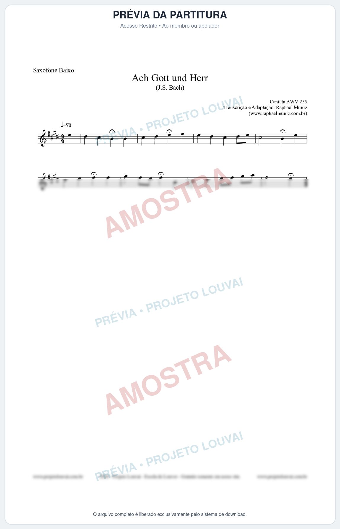 Prévia protegida da primeira página da partitura Partitura para Saxofone Baixo - Ach Gott und Herr (BWV 255) (Tom D) - Johann Sebastian Bach