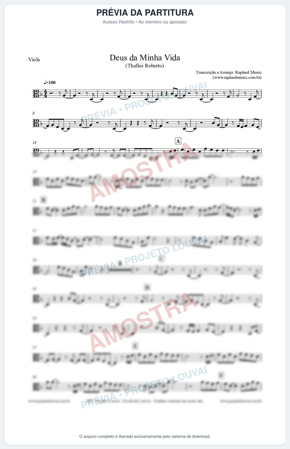 Prévia protegida da primeira página da partitura Partitura para Viola - Deus da minha vida - Thalles Roberto