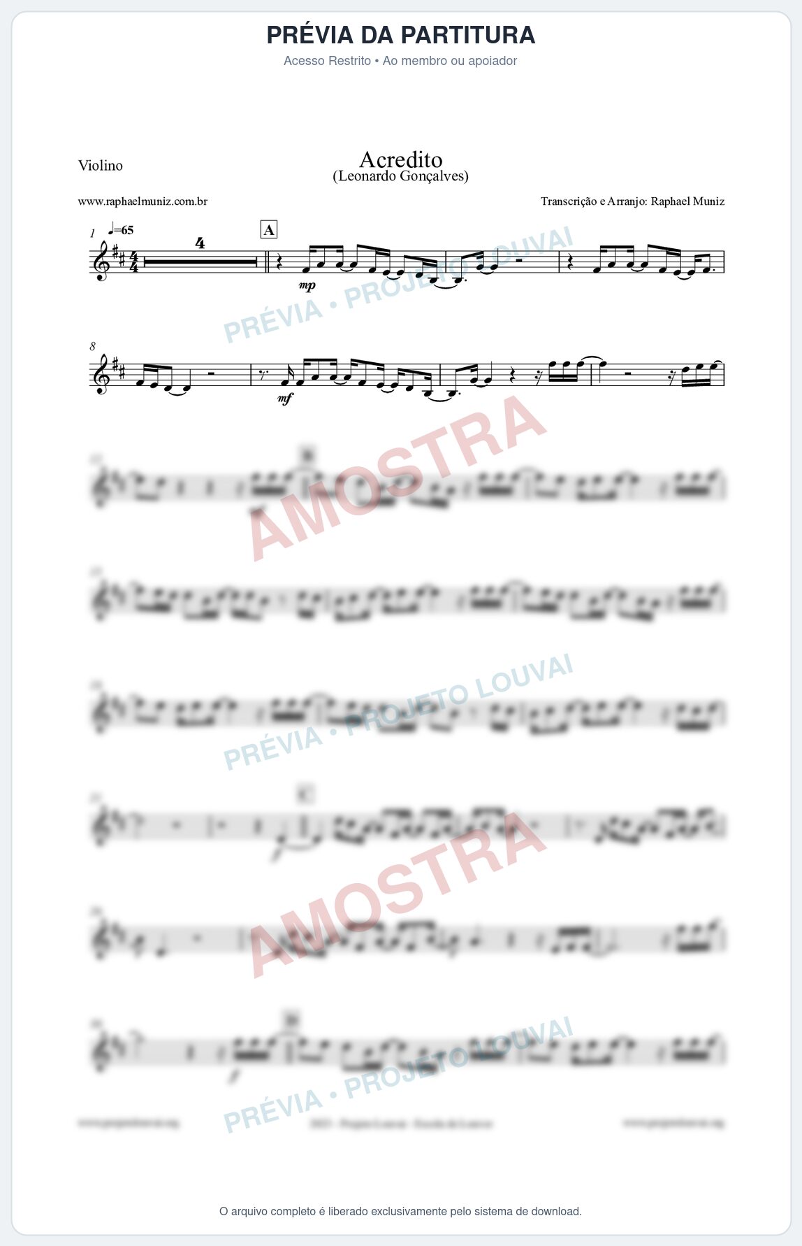 Prévia protegida da primeira página da partitura Partitura para Violino - Acredito - Leonardo Gonçalves