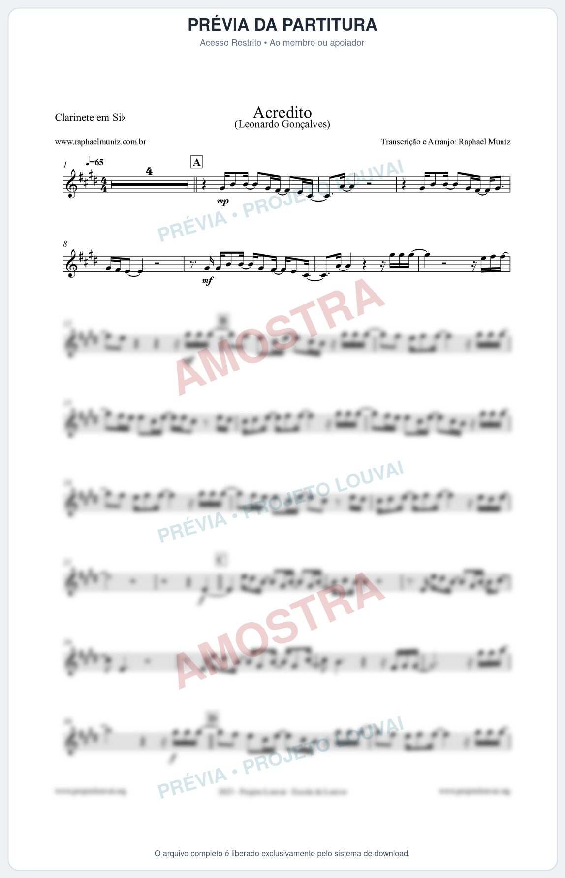 Prévia protegida da primeira página da partitura Partitura para Clarinete em Bb - Acredito - Leonardo Gonçalves