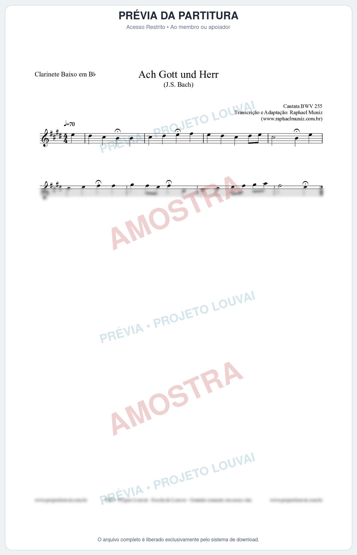 Prévia protegida da primeira página da partitura Partitura para Clarinete Baixo em Bb - Ach Gott und Herr (BWV 255) (Tom D) - Johann Sebastian Bach