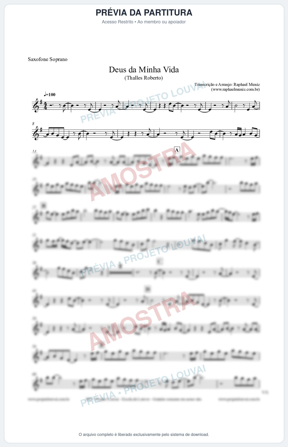 Prévia protegida da primeira página da partitura Partitura para Sax Soprano - Deus da minha vida - Thalles Roberto
