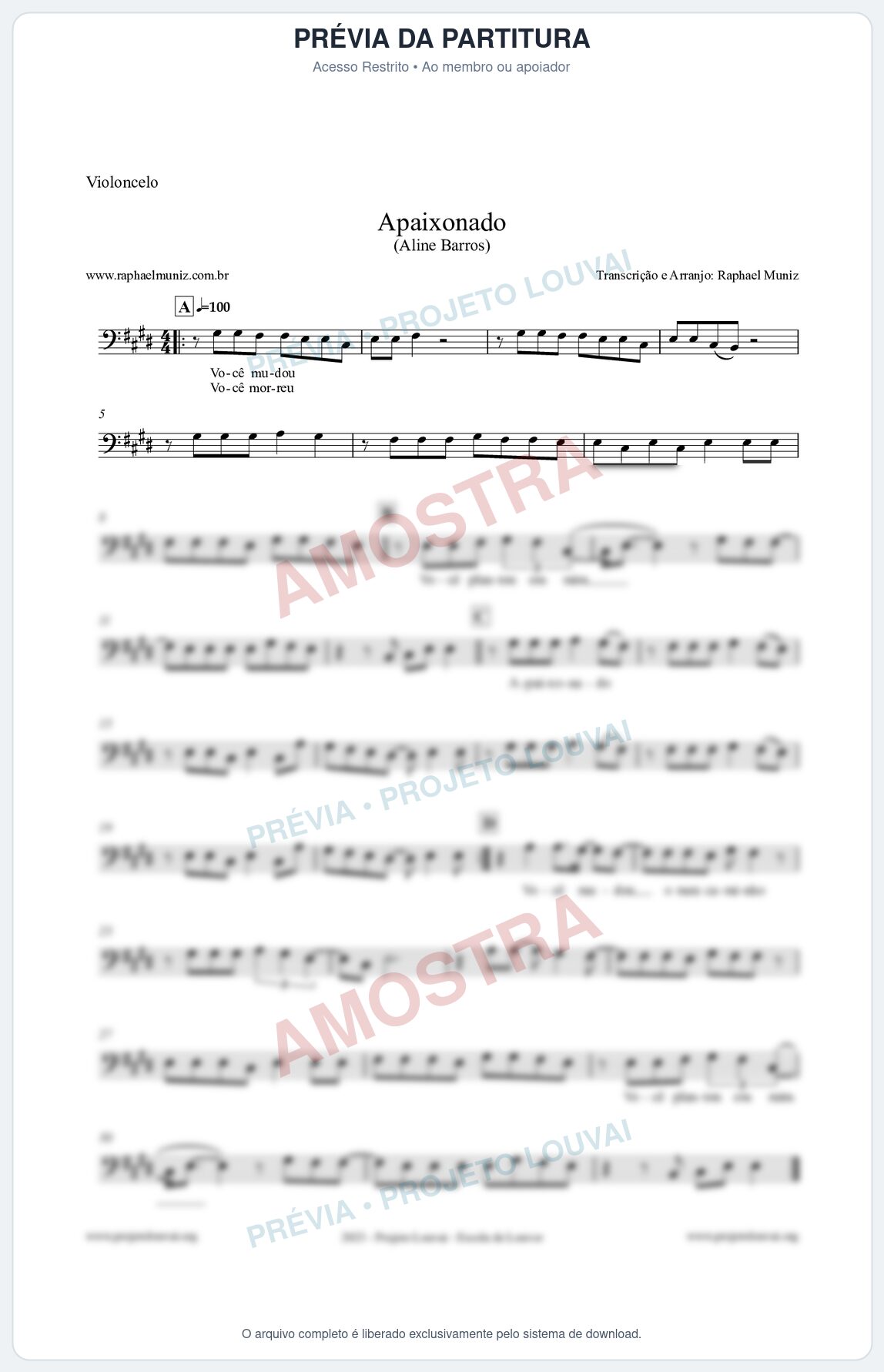 Prévia protegida da primeira página da partitura Partitura para Violoncelo - Apaixonado - Aline Barros