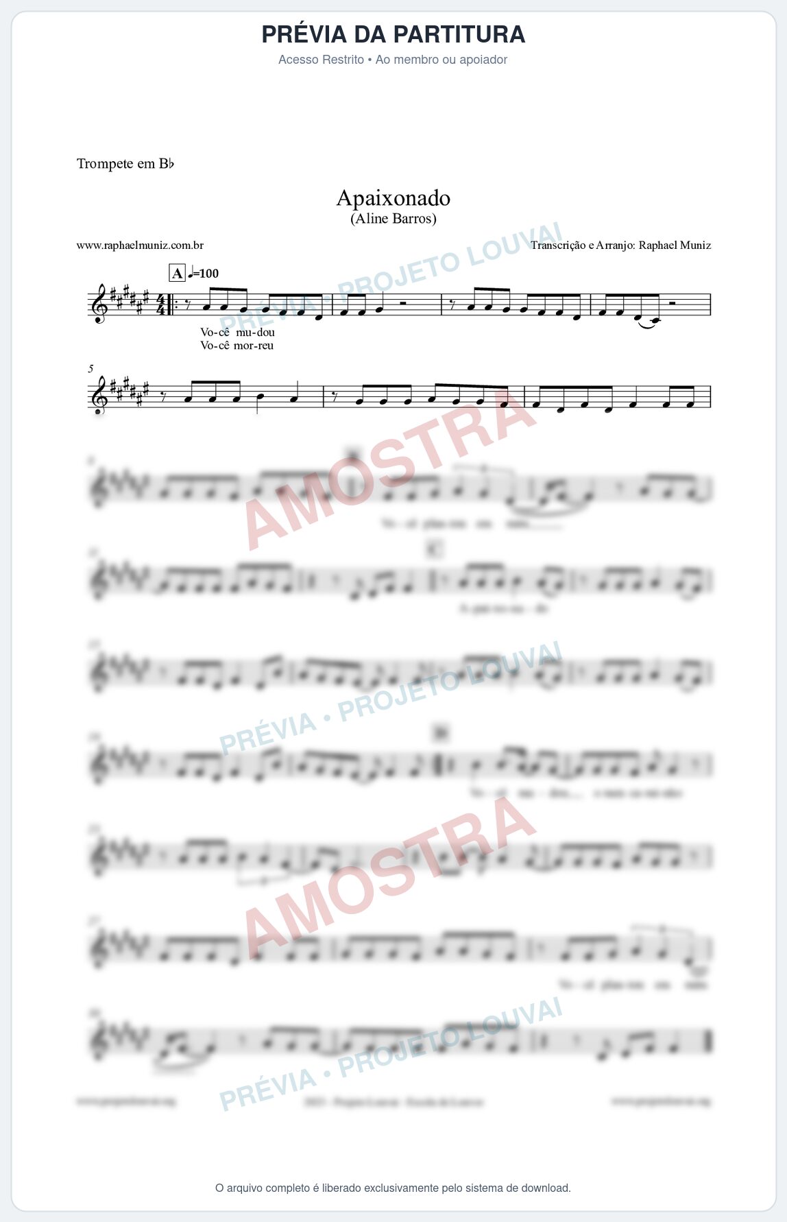 Prévia protegida da primeira página da partitura Partitura para Trompete em Bb - Apaixonado - Aline Barros