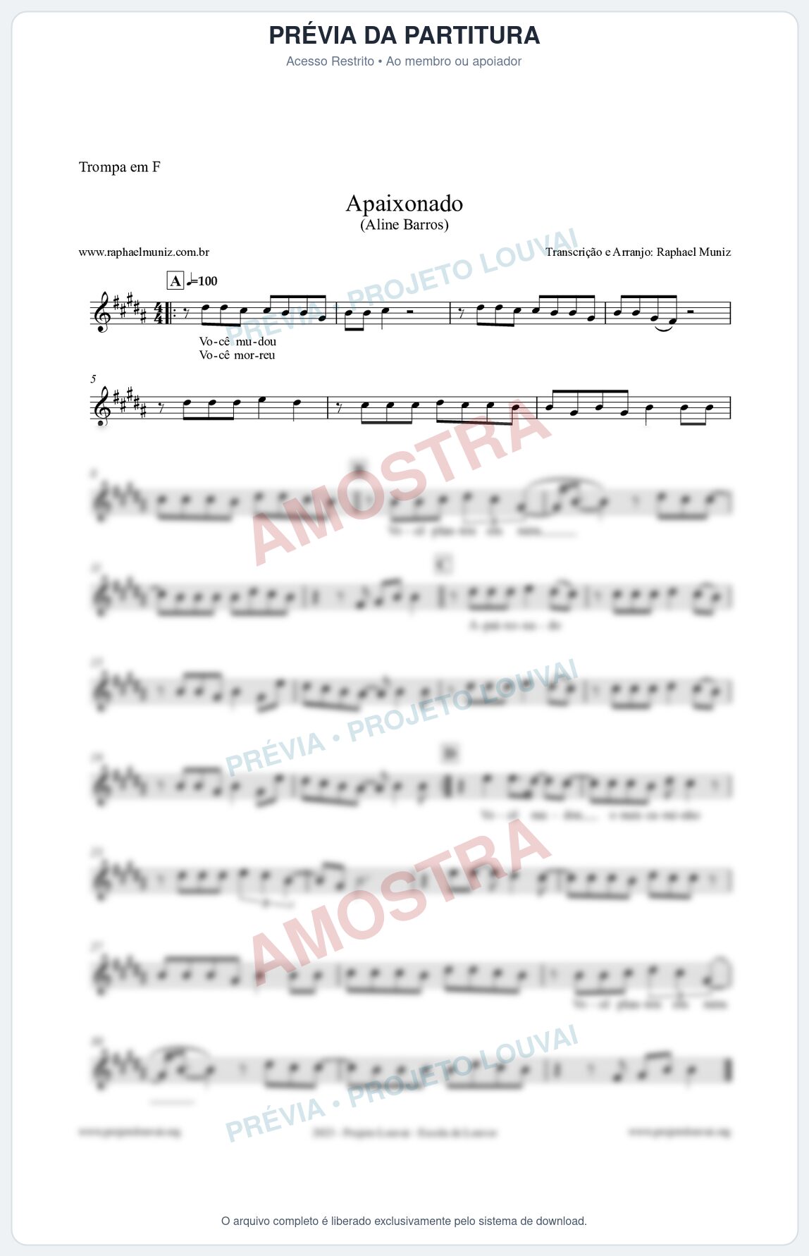 Prévia protegida da primeira página da partitura Partitura para Trompa em F - Apaixonado - Aline Barros