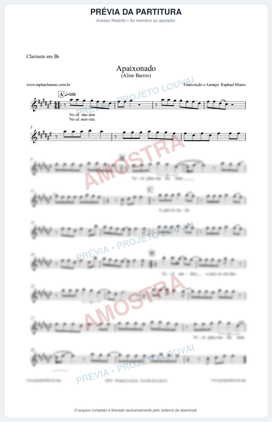 Prévia protegida da primeira página da partitura Partitura para Clarinete em Bb - Apaixonado - Aline Barros