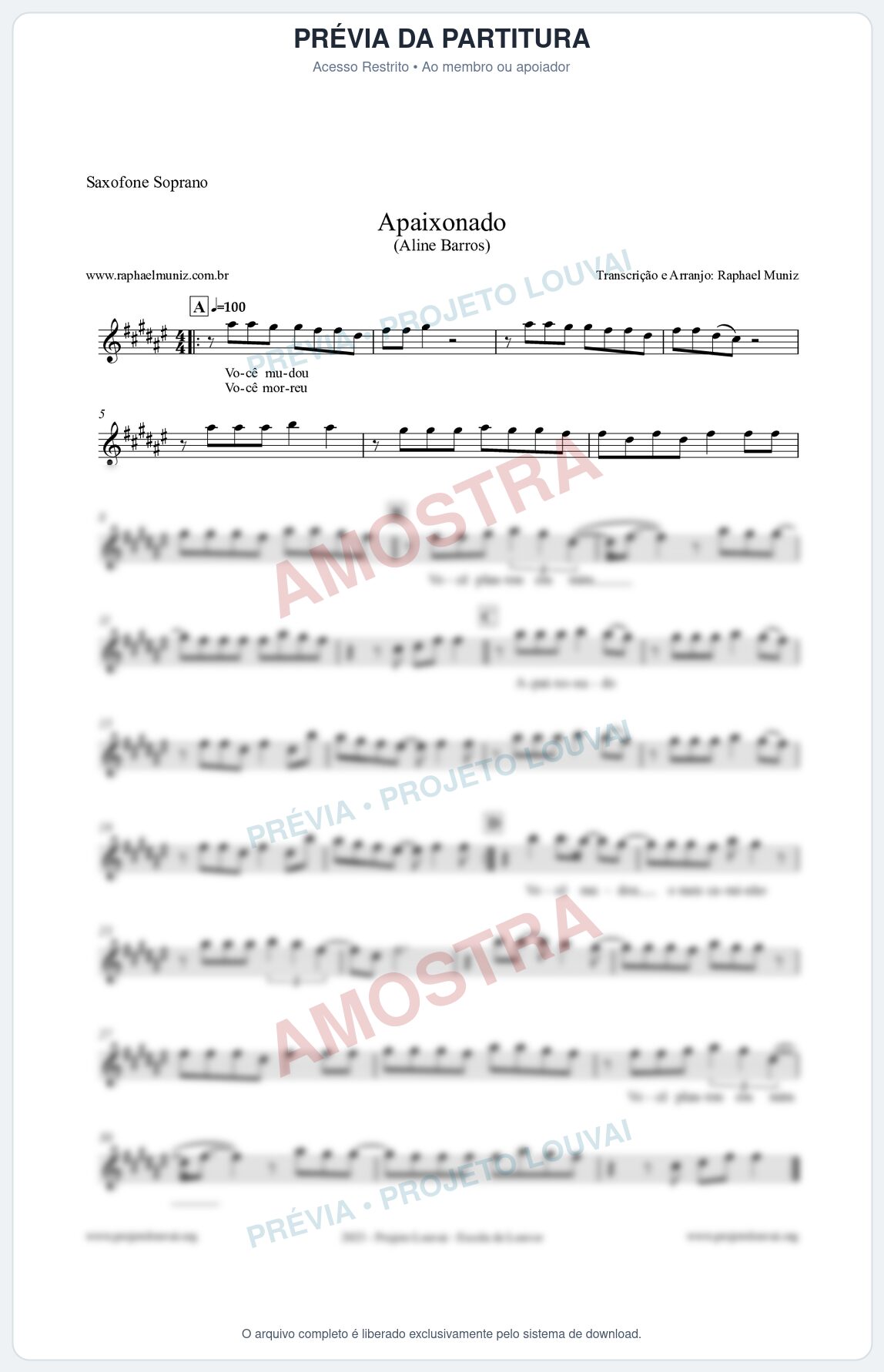 Prévia protegida da primeira página da partitura Partitura para Saxofone Soprano - Apaixonado - Aline Barros
