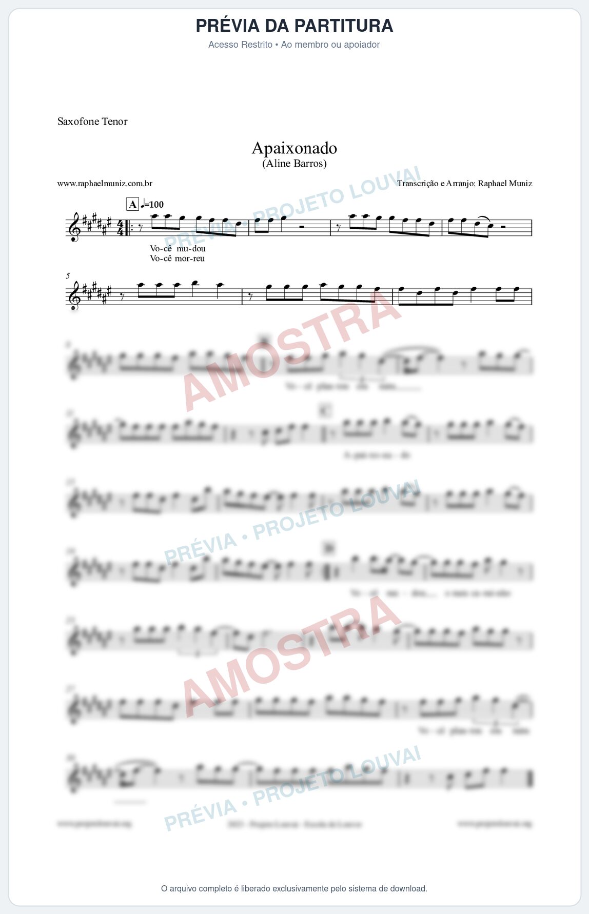 Prévia protegida da primeira página da partitura Partitura para Saxofone Tenor - Apaixonado - Aline Barros