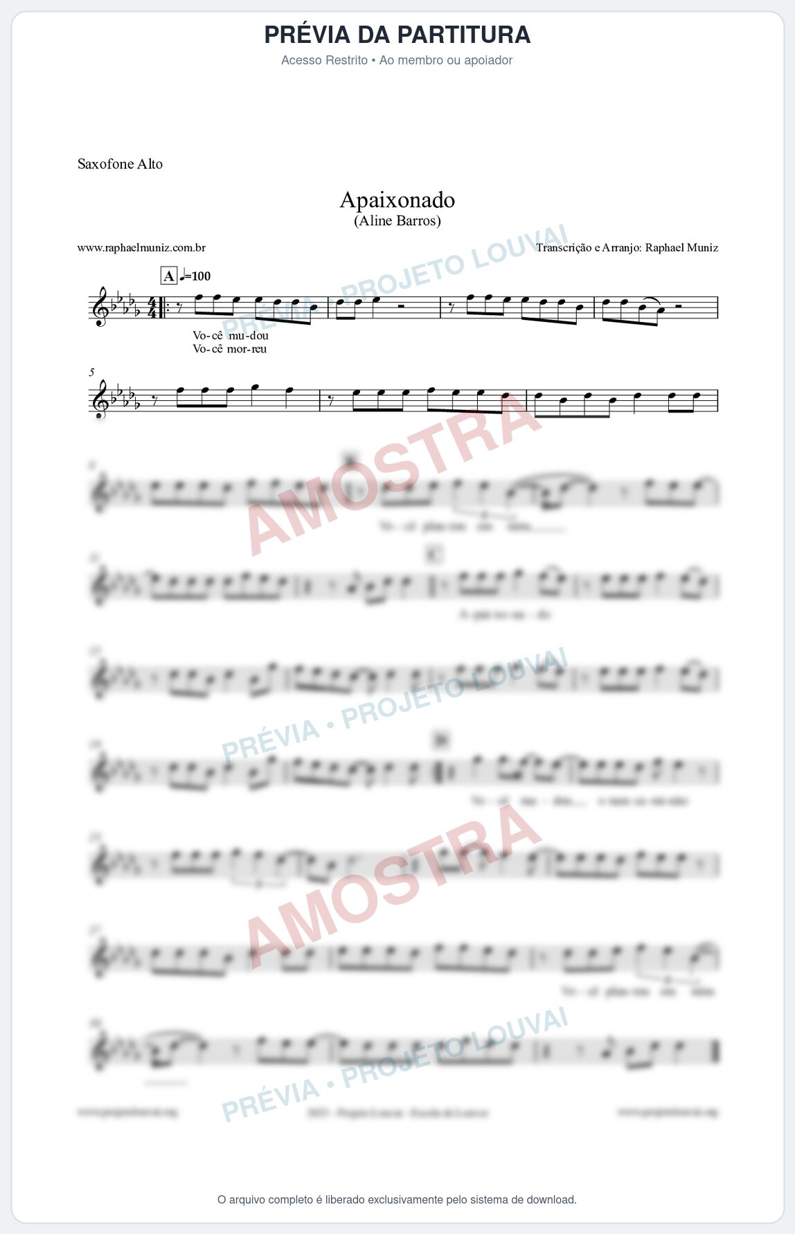 Prévia protegida da primeira página da partitura Partitura para Saxofone Alto - Apaixonado - Aline Barros