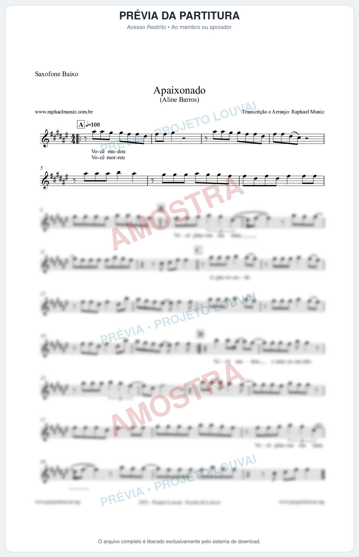 Prévia protegida da primeira página da partitura Partitura para Saxofone Baixo - Apaixonado - Aline Barros