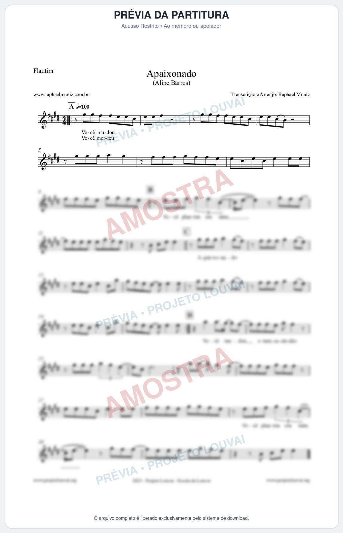 Prévia protegida da primeira página da partitura Partitura para Flautim - Apaixonado - Aline Barros