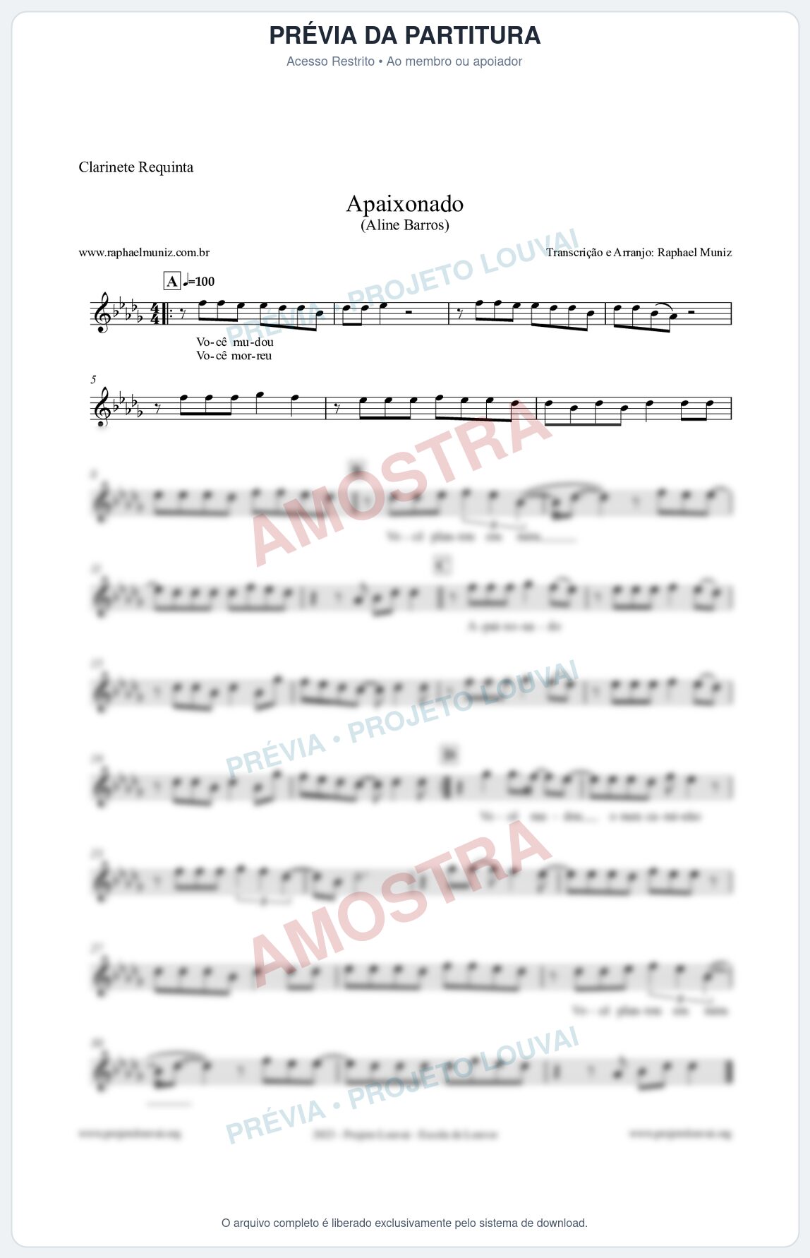 Prévia protegida da primeira página da partitura Partitura para Clarinete Requinta - Apaixonado - Aline Barros