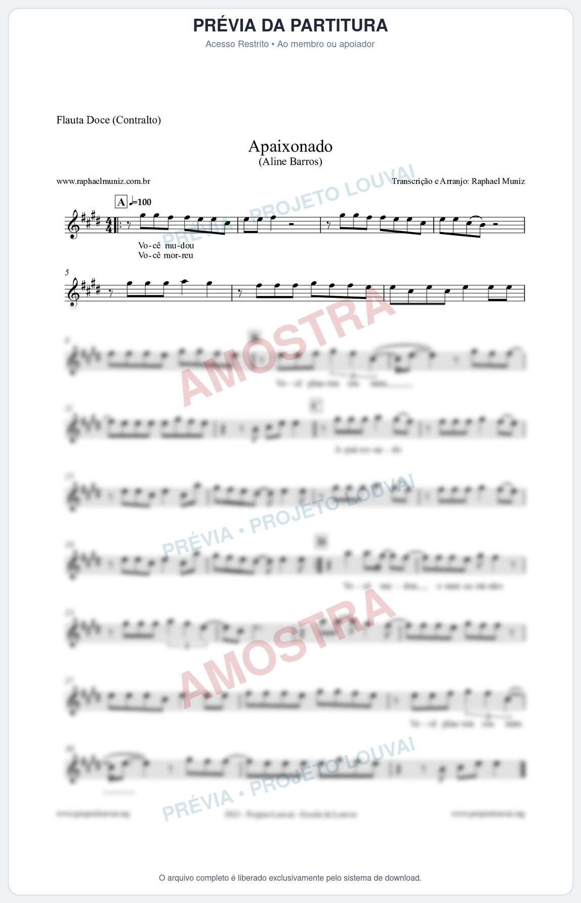 Prévia protegida da primeira página da partitura Partitura para Flauta Doce (Contralto) - Apaixonado - Aline Barros