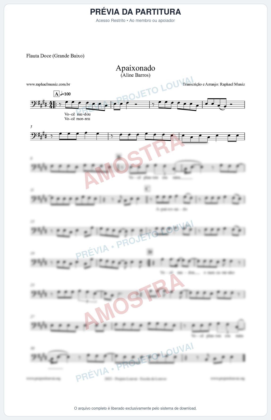 Prévia protegida da primeira página da partitura Partitura para Flauta Doce (Grande Baixo) - Apaixonado - Aline Barros