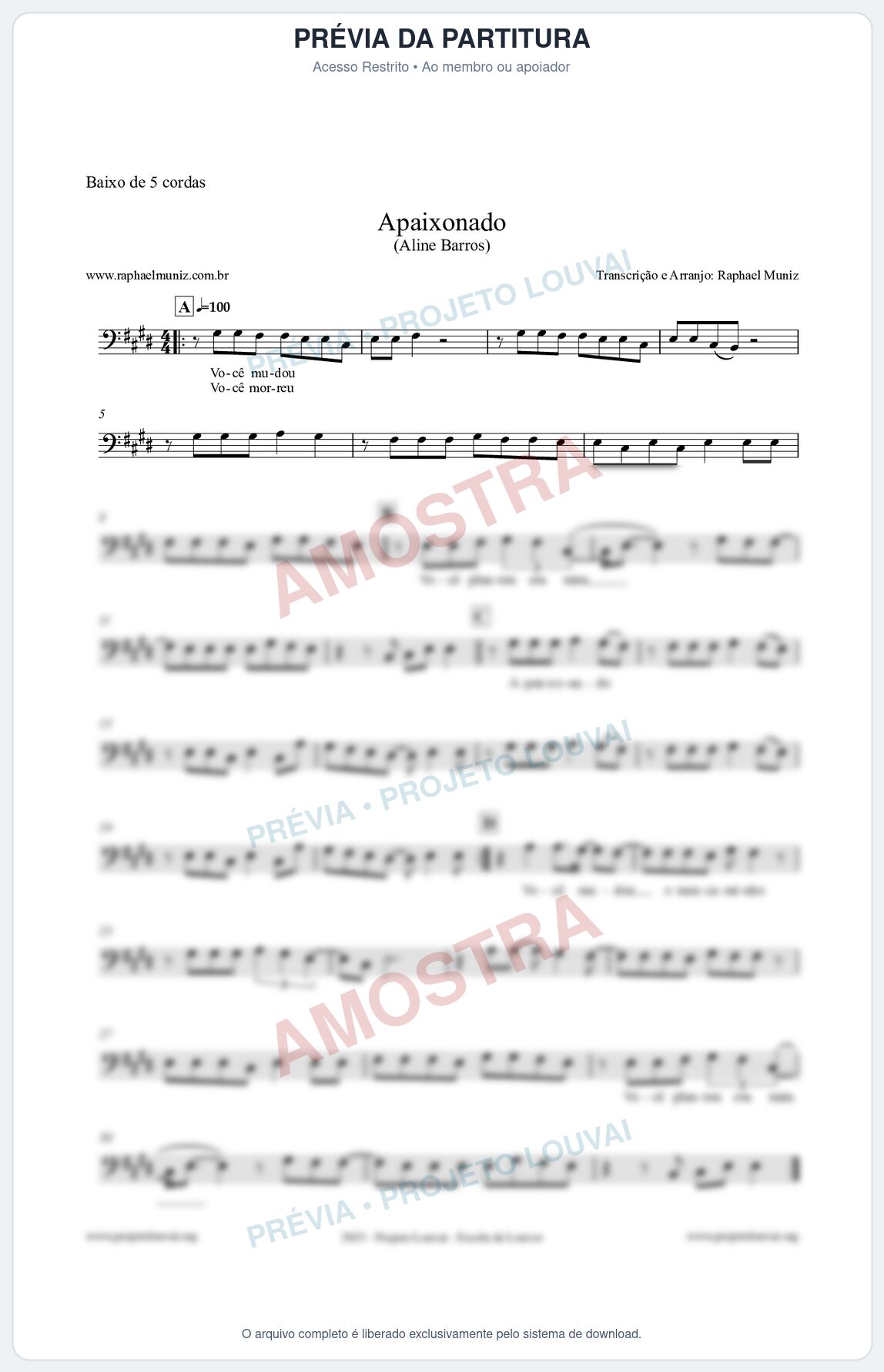 Prévia protegida da primeira página da partitura Partitura para Baixo de 5 cordas - Apaixonado - Aline Barros