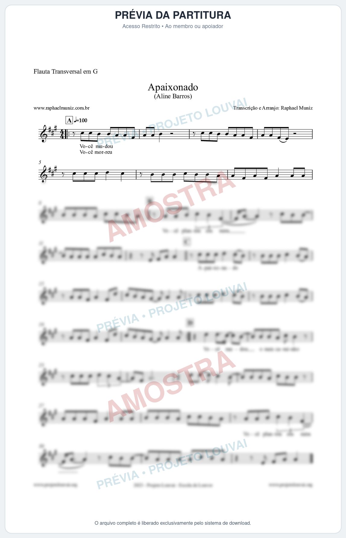 Prévia protegida da primeira página da partitura Partitura para Flauta Transversal em G - Apaixonado - Aline Barros