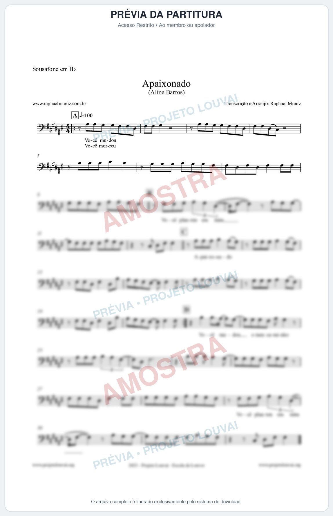 Prévia protegida da primeira página da partitura Partitura para Sousafone em Bb - Apaixonado - Aline Barros