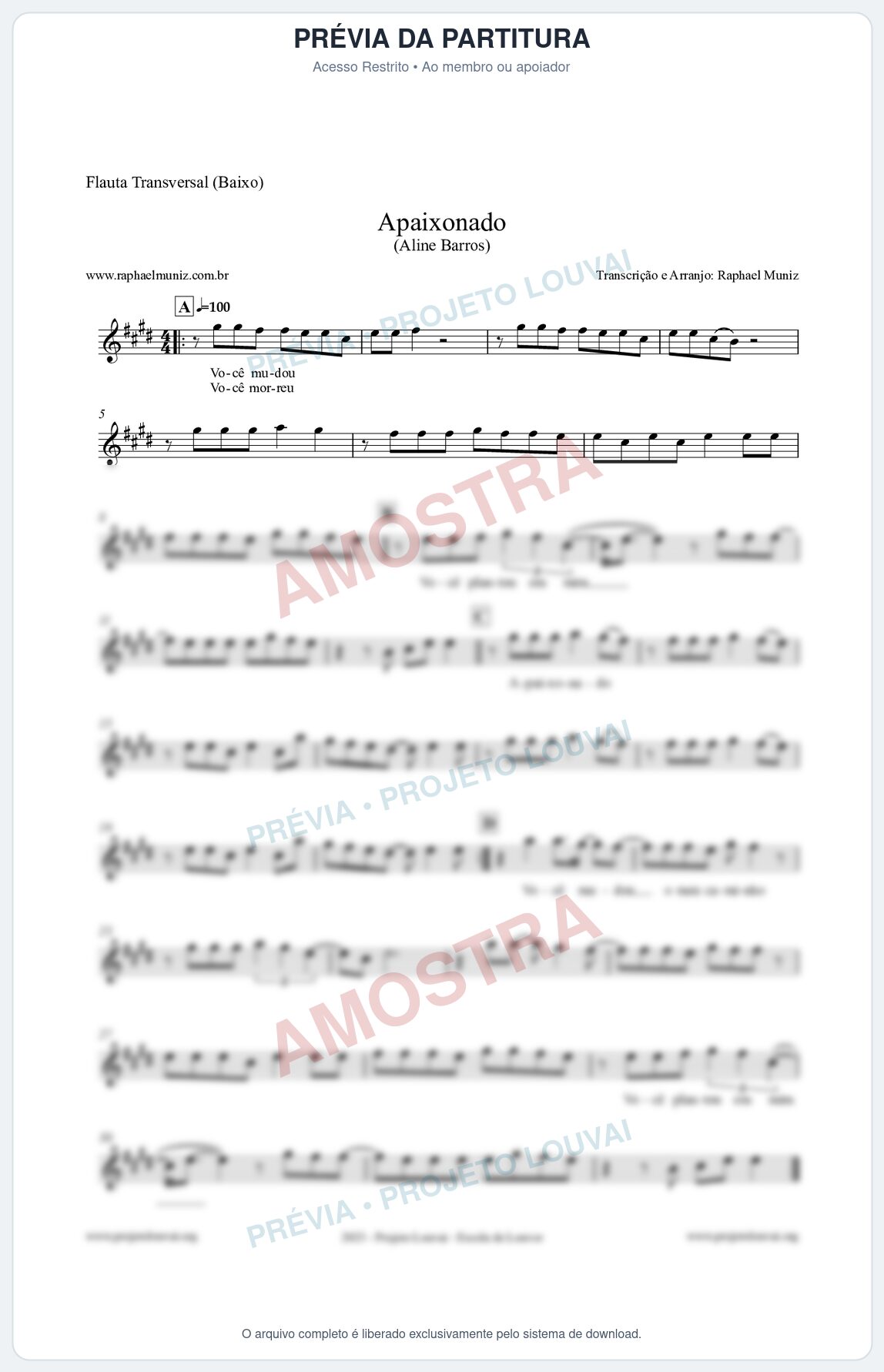 Prévia protegida da primeira página da partitura Partitura para Flauta Transversal (Baixo) - Apaixonado - Aline Barros