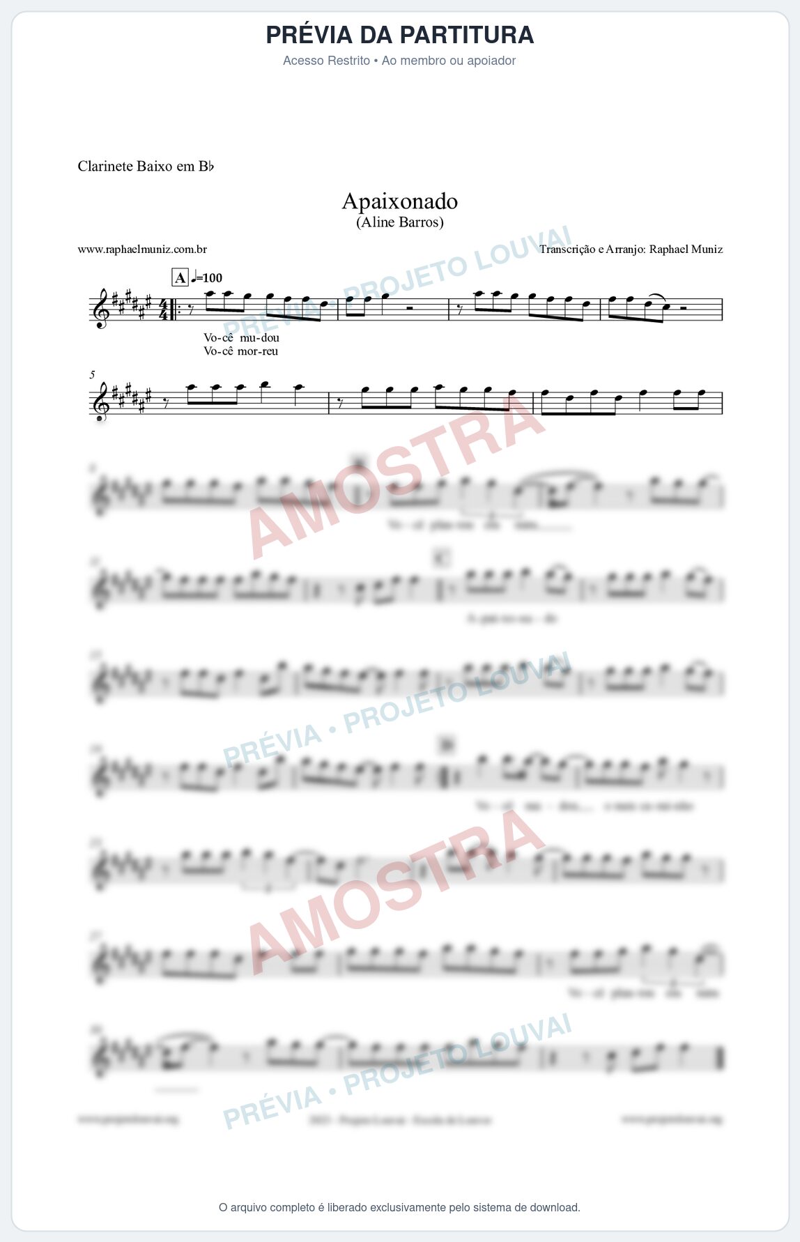 Prévia protegida da primeira página da partitura Partitura para Clarinete Baixo em Bb - Apaixonado - Aline Barros