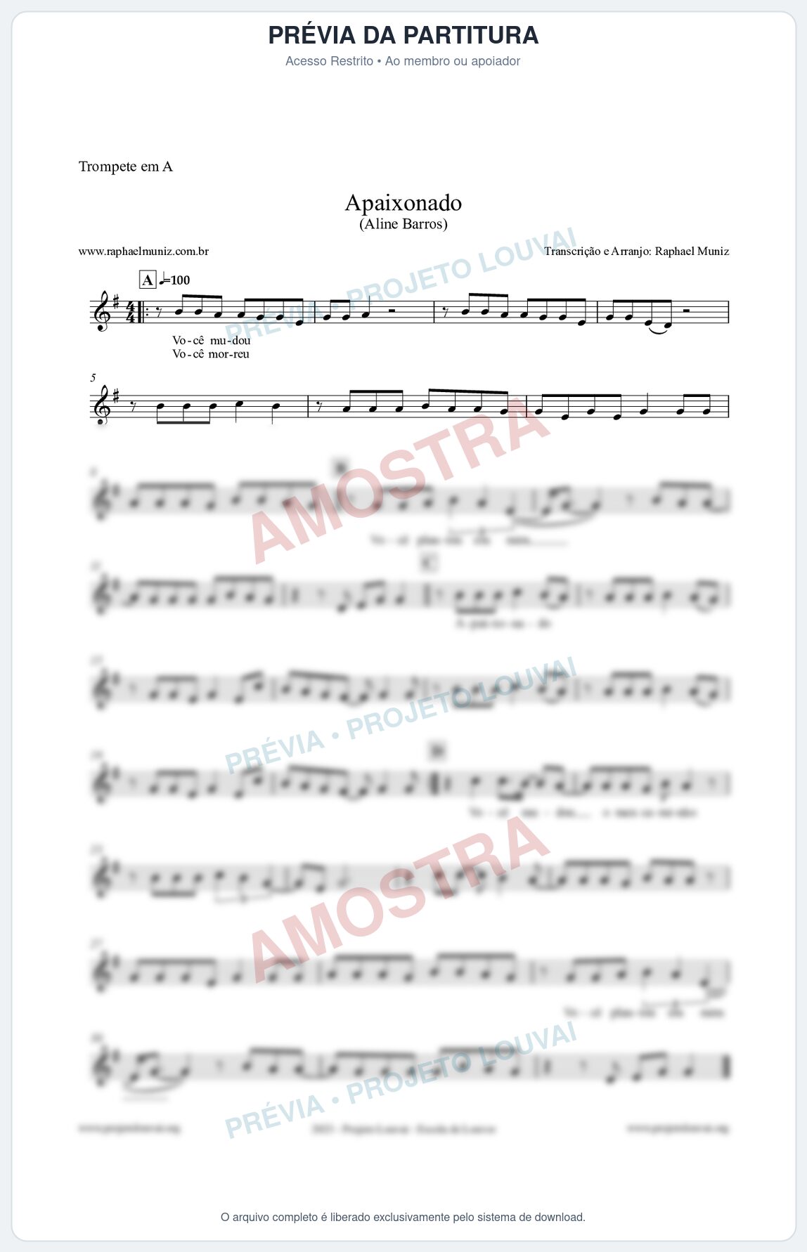 Prévia protegida da primeira página da partitura Partitura para Trompete em A - Apaixonado - Aline Barros