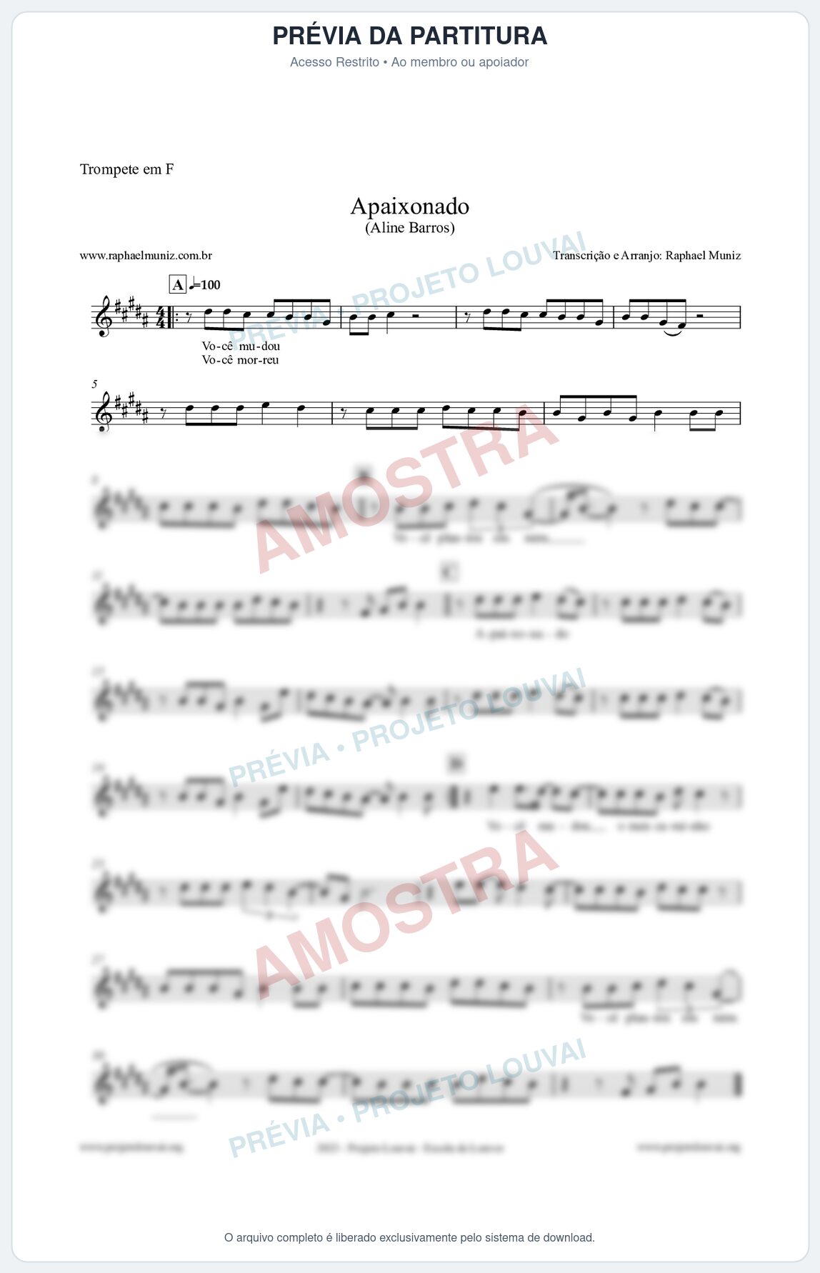 Prévia protegida da primeira página da partitura Partitura para Trompete em F - Apaixonado - Aline Barros