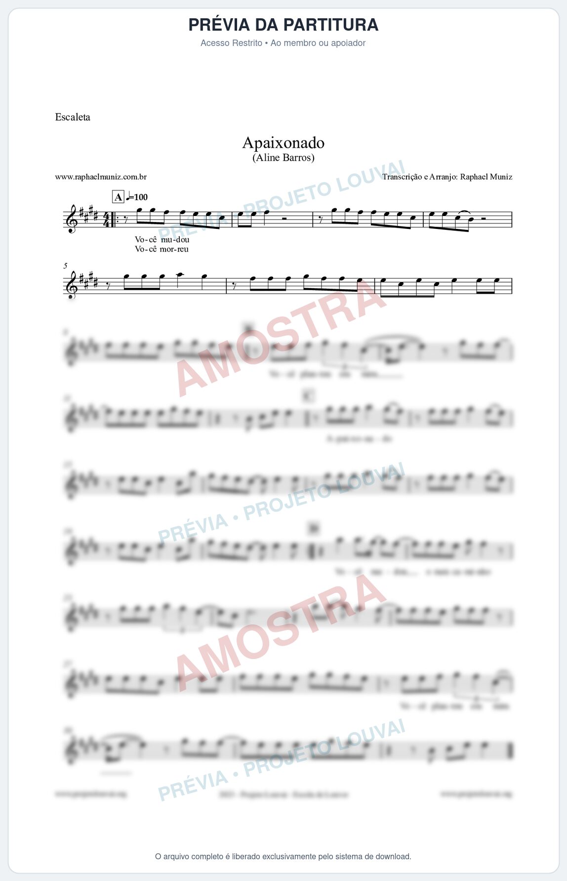 Prévia protegida da primeira página da partitura Partitura para Escaleta - Apaixonado - Aline Barros