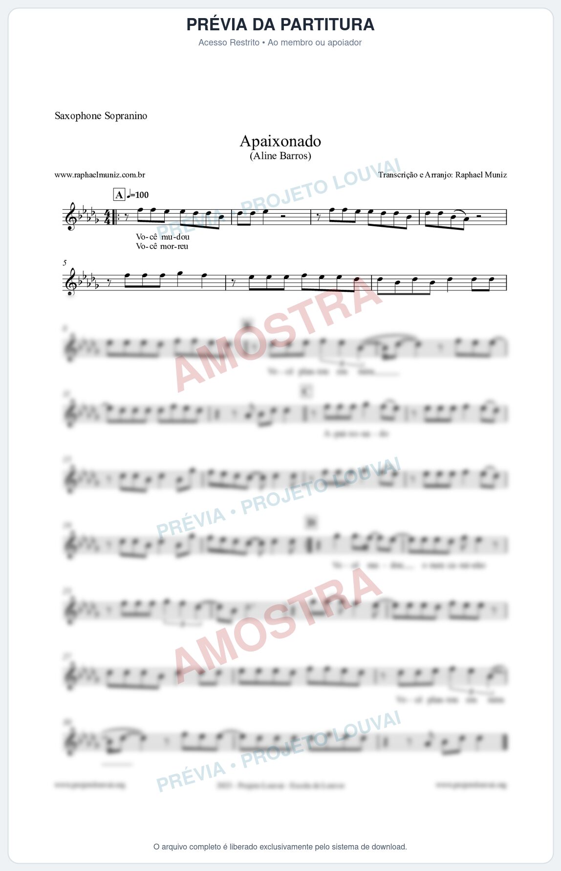 Prévia protegida da primeira página da partitura Partitura para Saxophone Sopranino - Apaixonado - Aline Barros