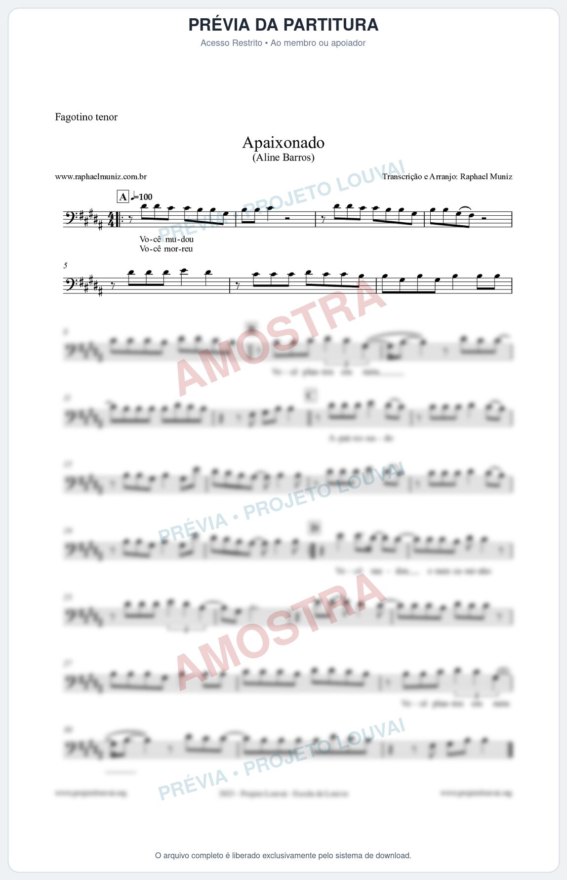 Prévia protegida da primeira página da partitura Partitura para Fagotino tenor - Apaixonado - Aline Barros