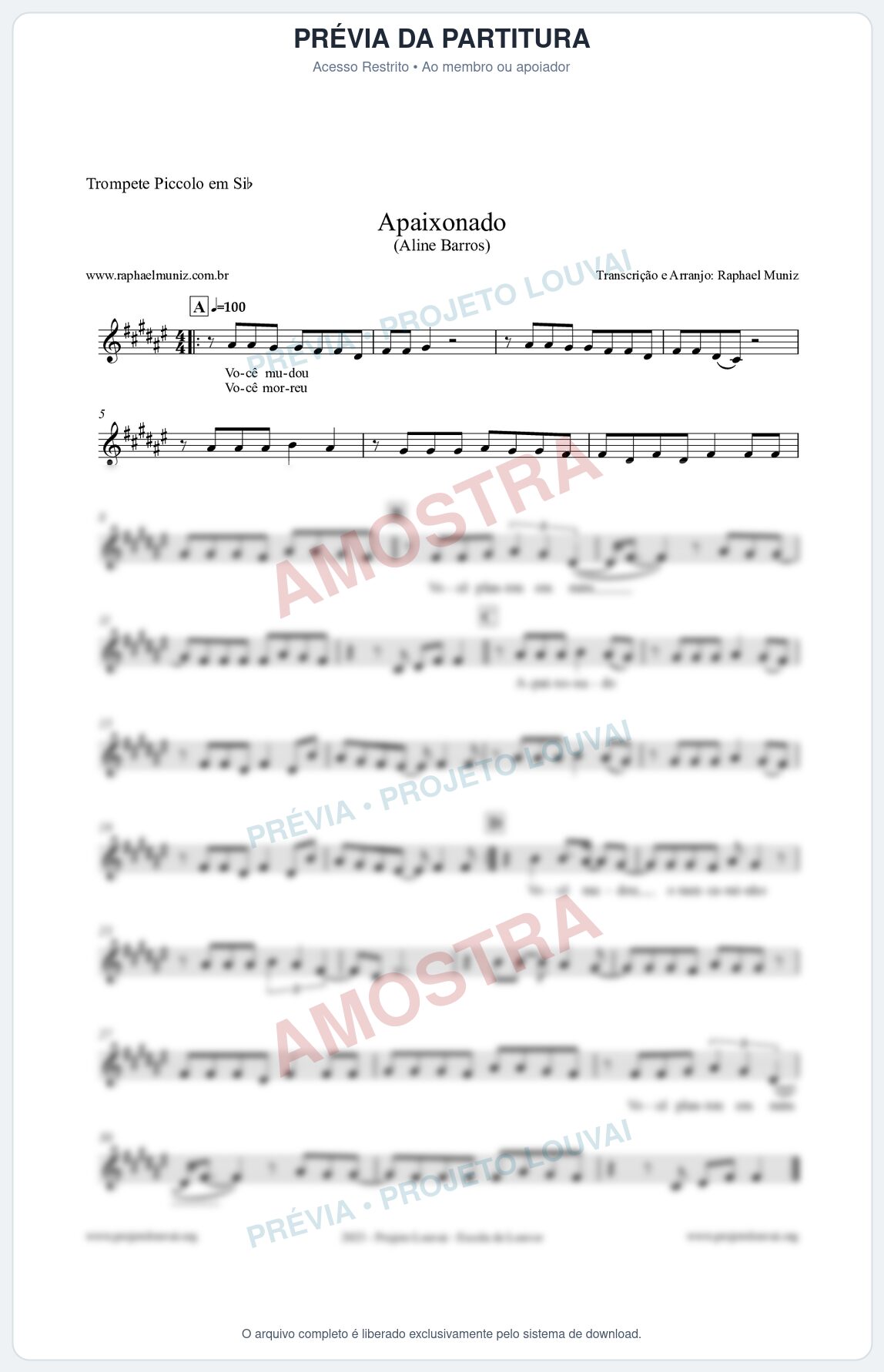 Prévia protegida da primeira página da partitura Partitura para Trompete Piccolo em Sib - Apaixonado - Aline Barros