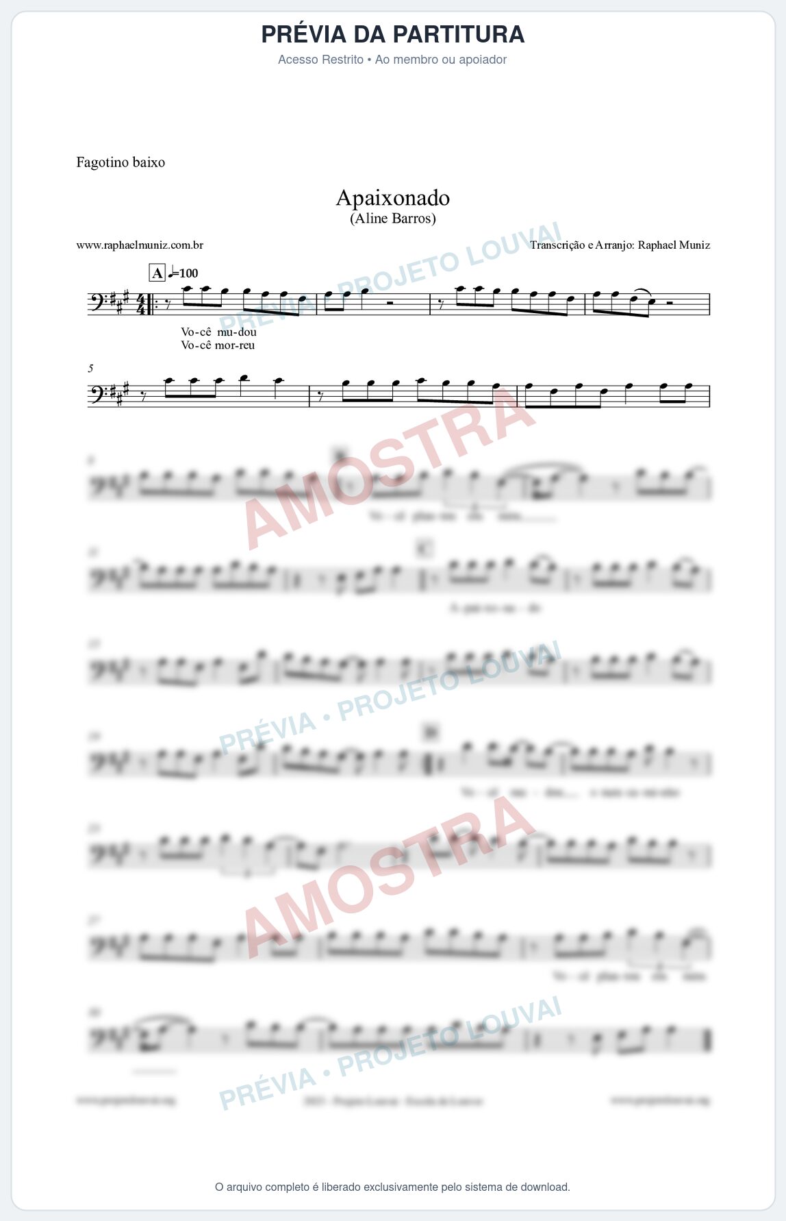 Prévia protegida da primeira página da partitura Partitura para Fagotino baixo - Apaixonado - Aline Barros